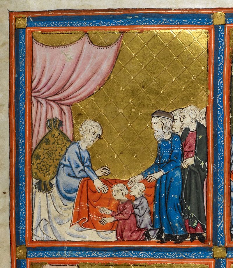 исп 1320 Golden_Haggadah_Jacob_Blessing_Ephraim_and_Manasseh.jpg