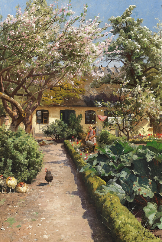 800px-Peder_Mønsted_-_Forår_i_haven_med_pige_som_vander_blomster_-_1920.png