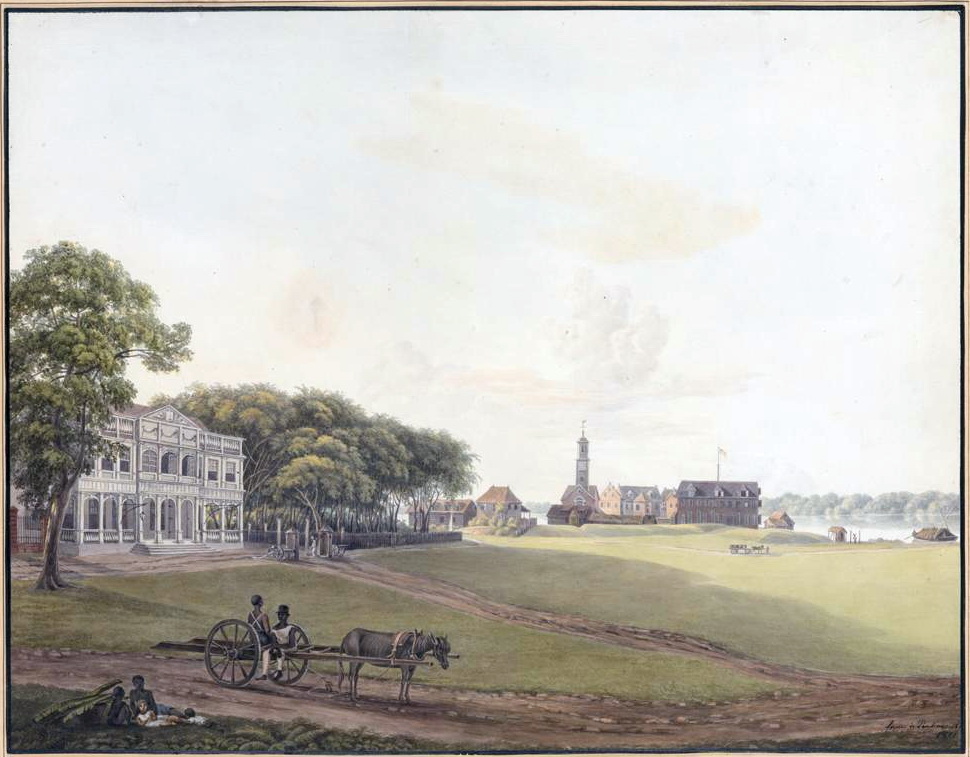 Louise_van_Panhuys,_Gouvernementshuis_&_Fort_Zeelandia_in_Parimaribo,_tamarindebomen,_1811.jpg